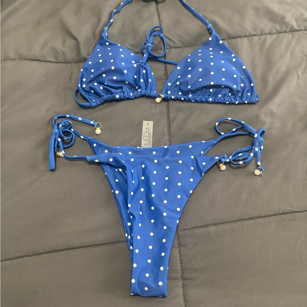 SHEIN Navy Blue Polka Dot Triangle String Bikini - Picture 3 of 6
